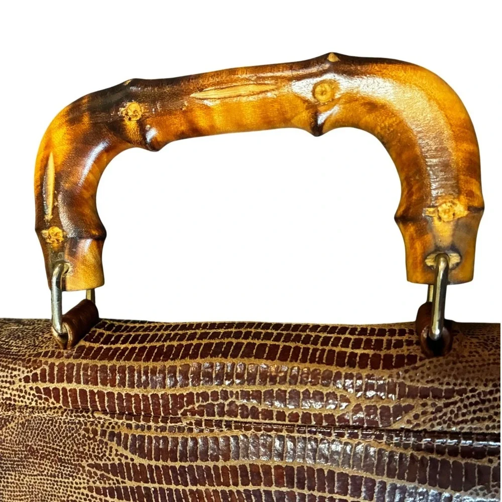 Vintage Due Fratelli Brown Lizard Embossed Leather Bamboo Top Handle Bag Satchel